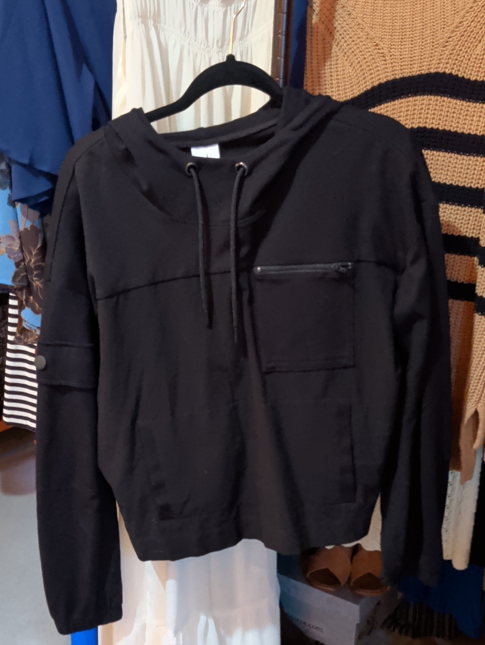 CAbi Black Hooded Bomber Jacket with Zip Pocket